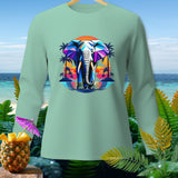Light mint green long-sleeve shirt with a colorful geometric elephant and tropical sunset graphic.