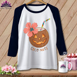 White raglan shirt with jack-o'-lantern coconut, hibiscus flower, and 