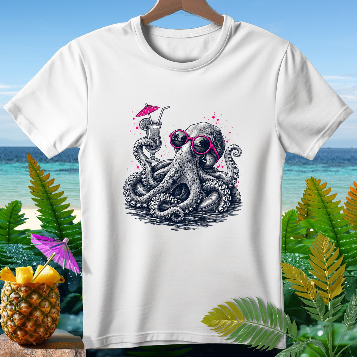 Black and white octopus wearing sunglasses, holding a tropical drink, on a white t-shirt.