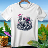 Black and white octopus wearing sunglasses, holding a tropical drink, on a white t-shirt.
