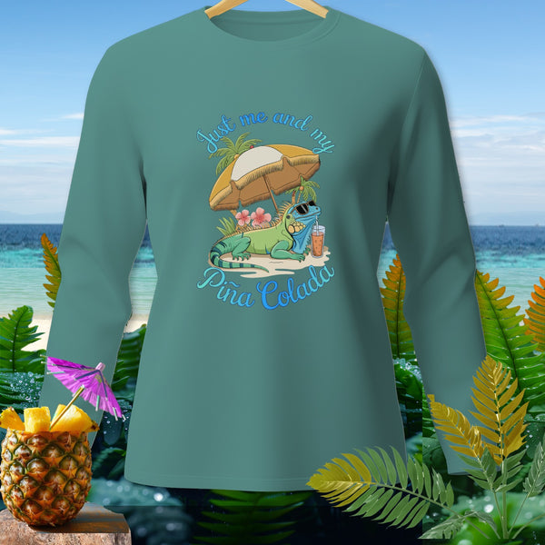 Green iguana with sunglasses under umbrella, text "Just me and my Piña Colada".