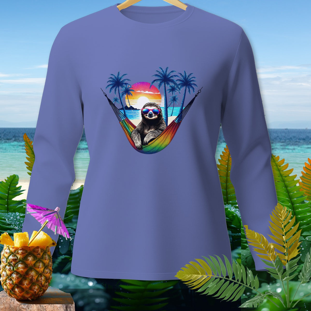 Sloth wearing sunglasses relaxing in a rainbow hammock on a tropical beach.
