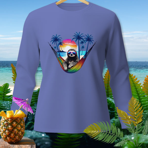 Sloth wearing sunglasses relaxing in a rainbow hammock on a tropical beach.