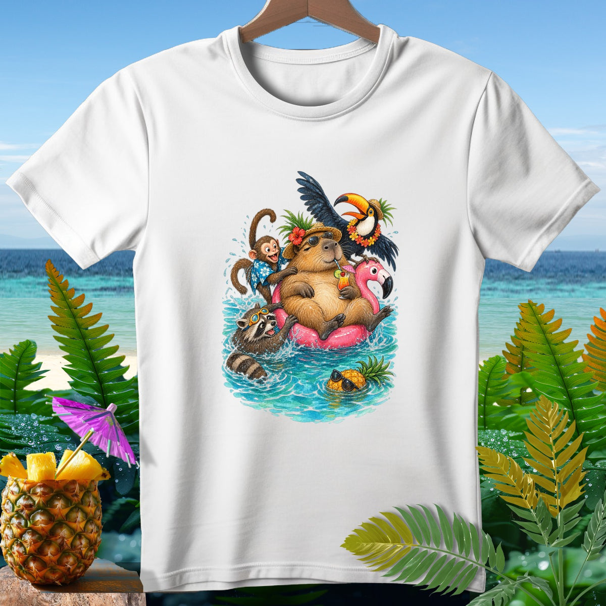 Capybara on flamingo float with raccoon, monkey, toucan, and pineapple.