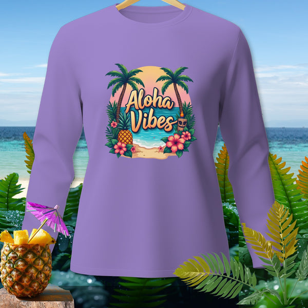 Lavender long-sleeve shirt with "Aloha Vibes" beach graphic and pineapple garnish.
