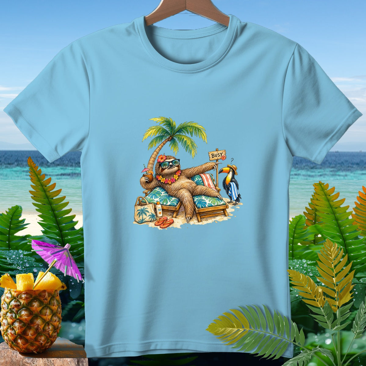 Sloth wearing sunglasses relaxing on a beach chair with a toucan and a drink.