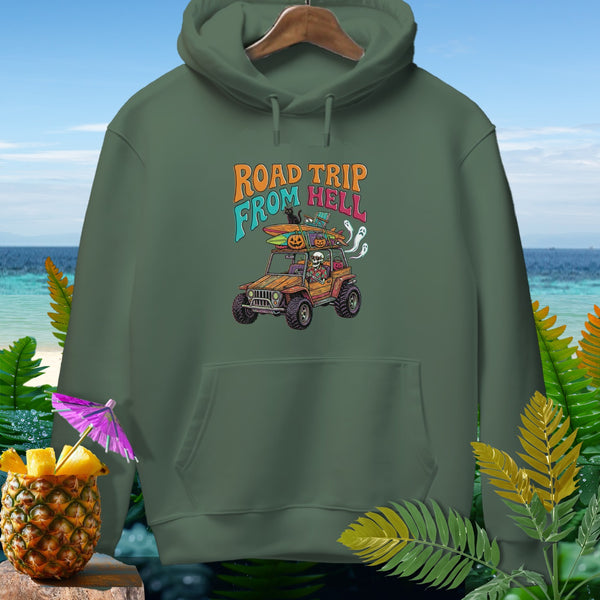 Green hoodie with "Road Trip From Hell" graphic on a jeep with skeletons and pumpkins.