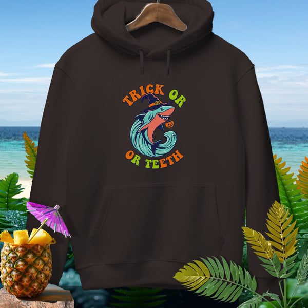 Brown hoodie with Halloween shark graphic saying "Trick or Teeth".