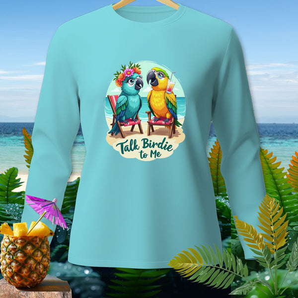 Two cartoon parrots sit on beach chairs with the text "Talk Birdie to Me".