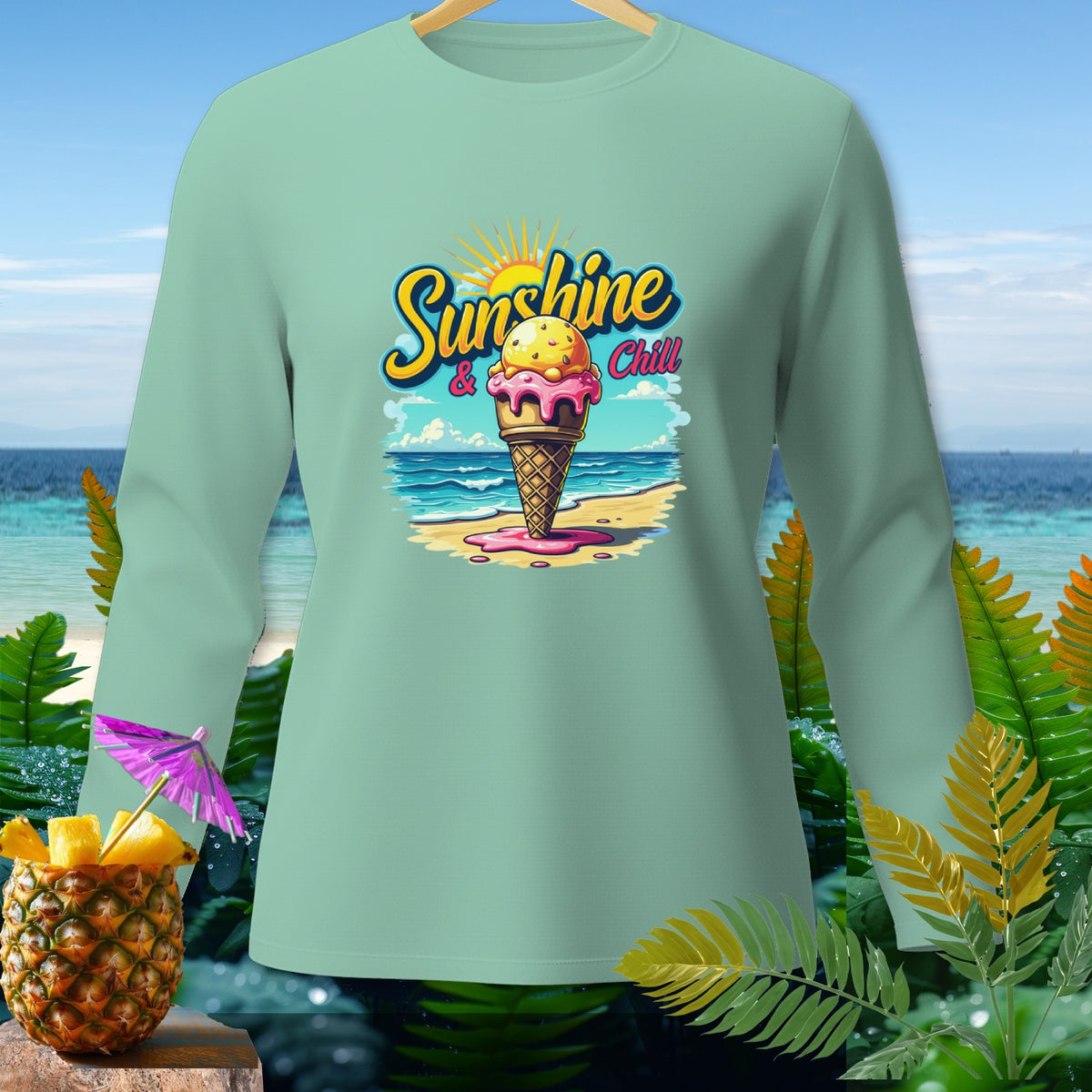 Mint long-sleeve shirt with "Sunshine & Chill" ice cream cone graphic.