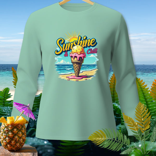 Mint long-sleeve shirt with "Sunshine & Chill" ice cream cone graphic.