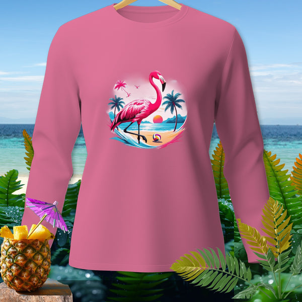 Pink long-sleeve shirt with a tropical flamingo graphic on the chest.