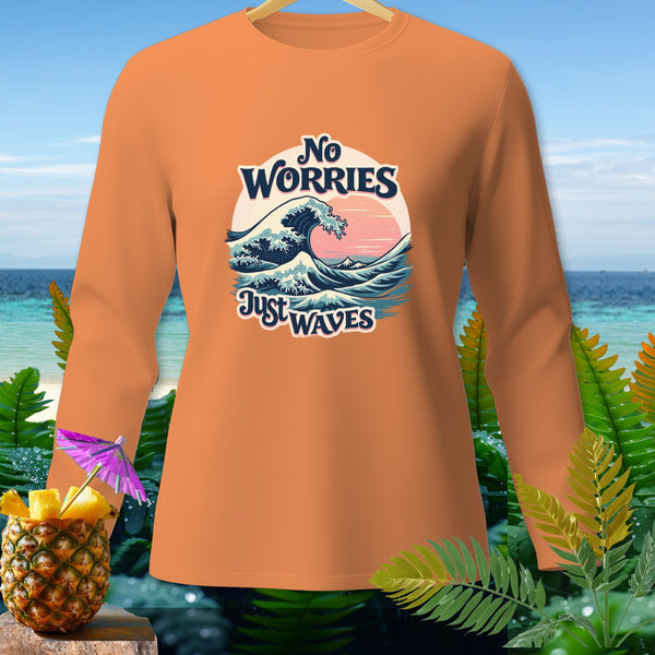 Orange long-sleeve shirt with "No Worries Just Waves" text and wave graphic.