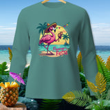 Flamingo in sombrero holding maracas on beach with 