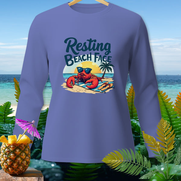 Long-sleeve shirt with lobster on beach graphic: "Resting Beach Face".