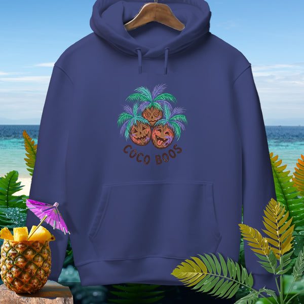 Navy hoodie with "Coco Boos" text and three carved coconut faces under palm fronds.