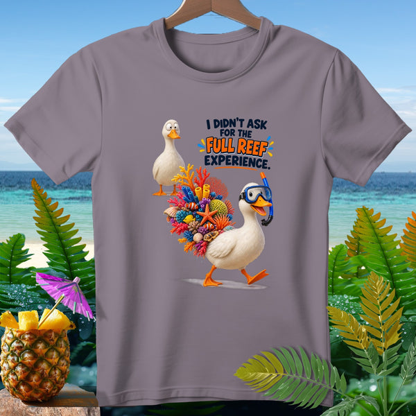 Duck in snorkel gear carries colorful coral and fish with text "Full Reef Experience."