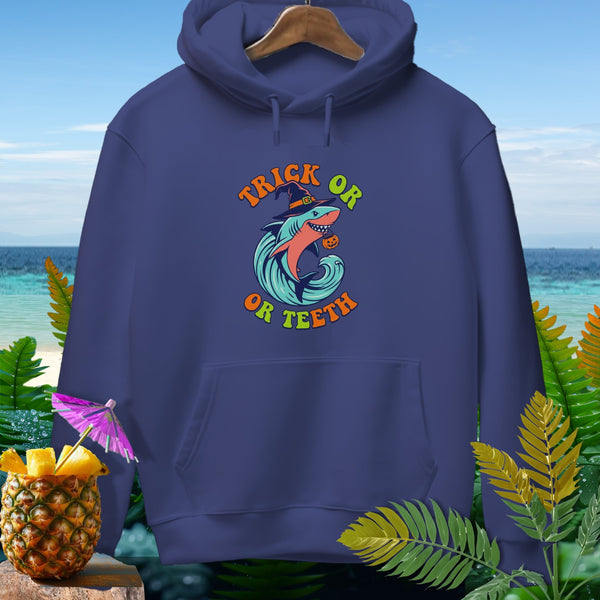 Navy hoodie with "Trick or Teeth" text and shark graphic.