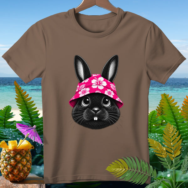 Brown t-shirt with a black bunny wearing a pink floral bucket hat.
