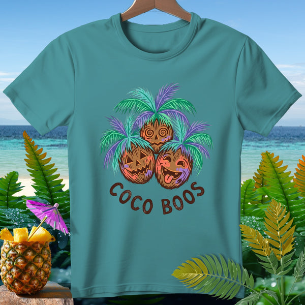 Teal t-shirt with jack-o'-lantern coconuts, palm trees, and "Coco Boos" text.