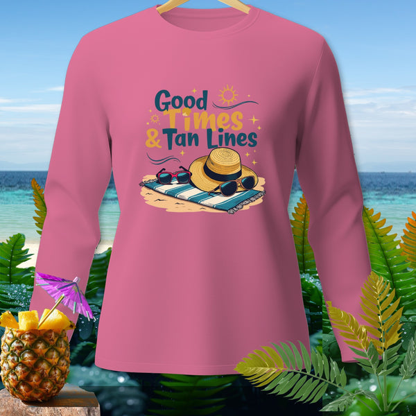 Pink long-sleeve shirt with "Good Times & Tan Lines" text and beach scene graphics.