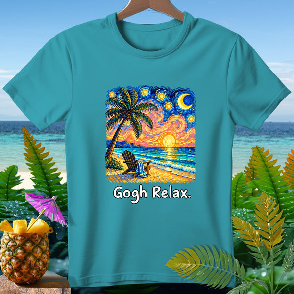 Turquoise t-shirt with a beach scene and the text "Gogh Relax."