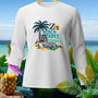 White long-sleeve shirt with graphic of zebra reading on beach with text "Z's Beach Tripes".