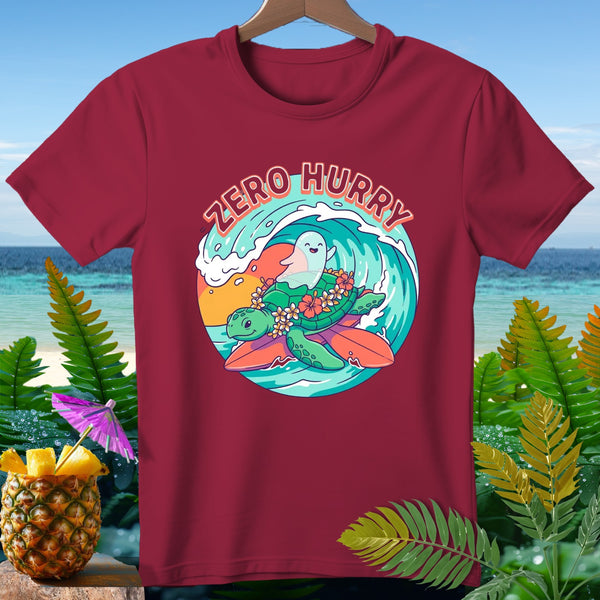 Maroon t-shirt with a graphic of a turtle and ghost surfing a wave, text "ZERO HURRY".