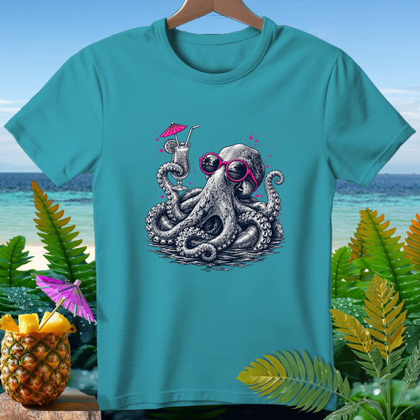 T-shirt with a black and white octopus wearing sunglasses holding a cocktail.