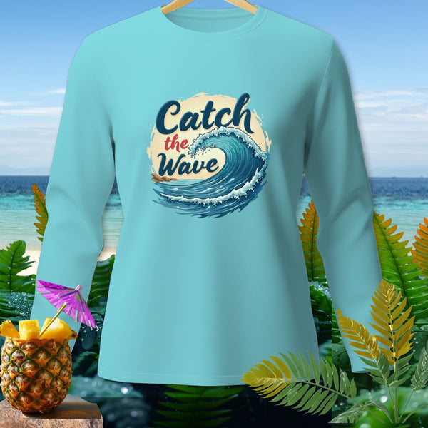 Light blue long sleeve shirt with "Catch the Wave" text and a wave graphic.