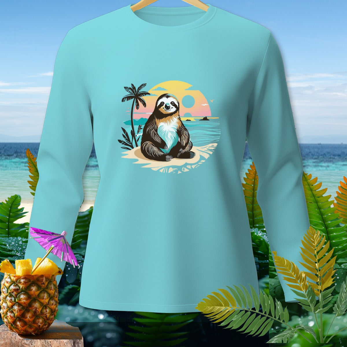 Light blue long-sleeve shirt with a sloth on a beach graphic.