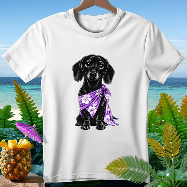 White t-shirt with black dachshund wearing purple floral bandana.