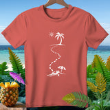 Coral t-shirt with white graphic of a palm tree, sun, and beach scene.