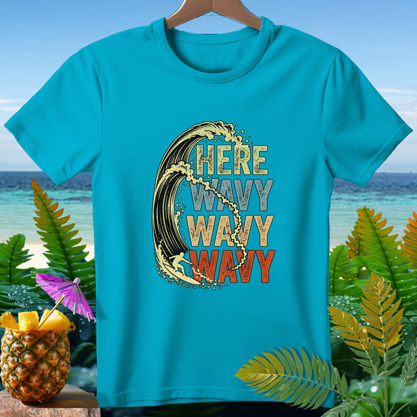 Turquoise t-shirt with vintage design of a surfer and text "HERE WAVY WAVY WAVY".