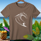Brown t-shirt with white surfer on a wave graphic.