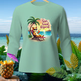 Light green long-sleeve shirt with a cartoon fox on a beach chair, text 