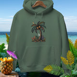 Green hoodie with a cartoon palm tree, jack-o'-lanterns, bats, and a ghost.