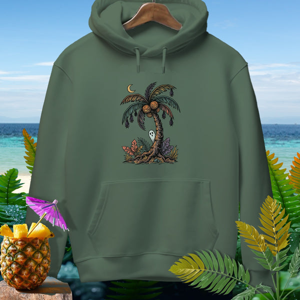 Green hoodie with a cartoon palm tree, jack-o'-lanterns, bats, and a ghost.