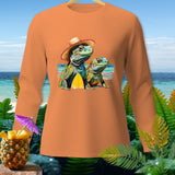 Orange long-sleeve shirt featuring two iguanas and a surfboard graphic with a tropical background.