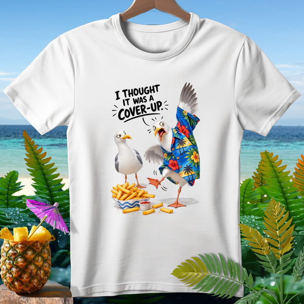 Two seagulls reacting to a bowl of french fries with text "I THOUGHT IT WAS A COVER-UP."