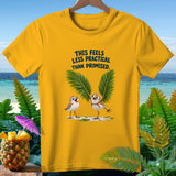 Yellow t-shirt with two birds and palm fronds, text reads 