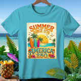 Turquoise t-shirt with a beach scene graphic reading 