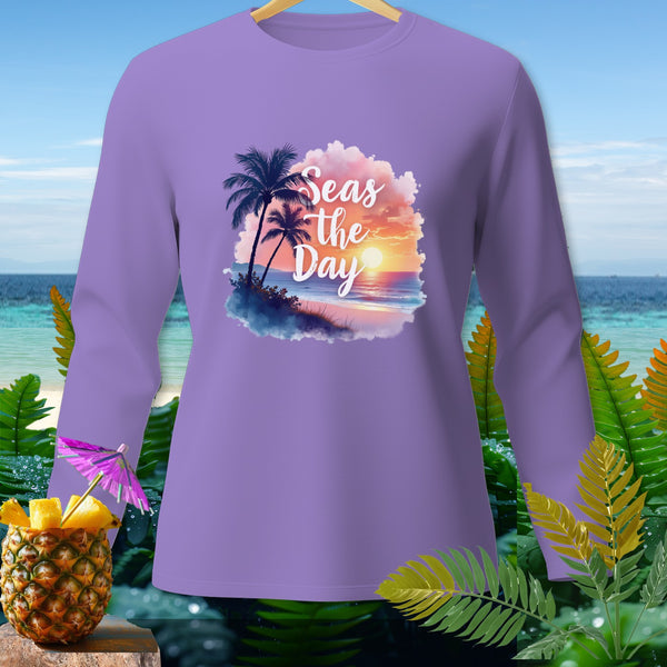 Purple long-sleeve shirt with "Seas the Day" tropical sunset graphic.