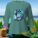 Long sleeve shirt with a dolphin jumping on a wave and text 