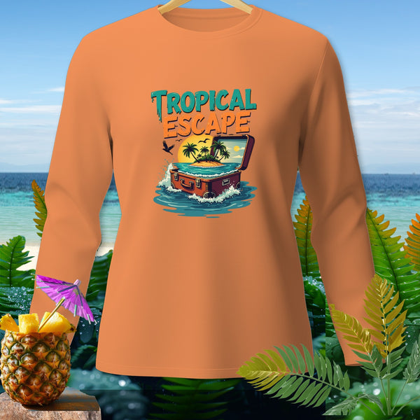 Orange long-sleeve shirt with "Tropical Escape" text and suitcase island graphic.