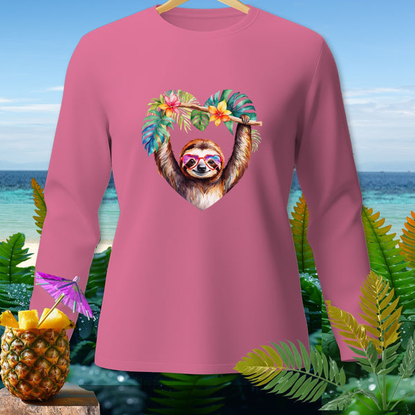 Pink long-sleeve shirt with a sloth wearing heart sunglasses in a floral heart design.
