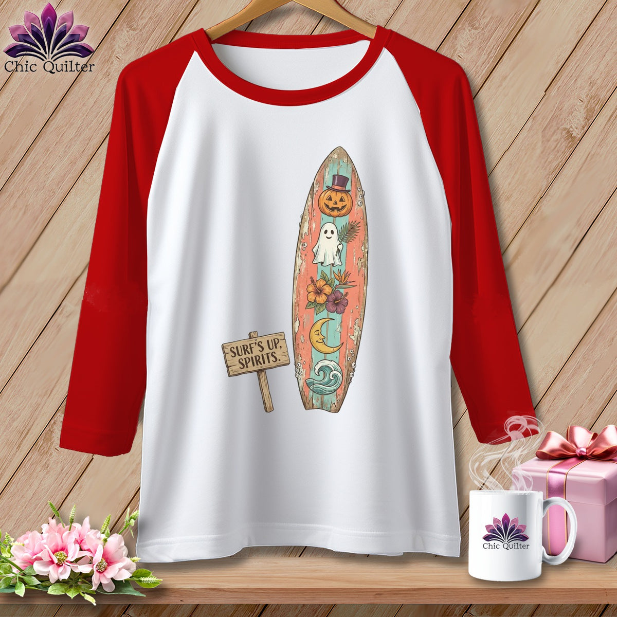 Raglan shirt with surfboard graphic, "Surf's Up, Spirits" sign, mug, and gift.