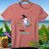Octopus wearing witch hat with beach items, text reads 
