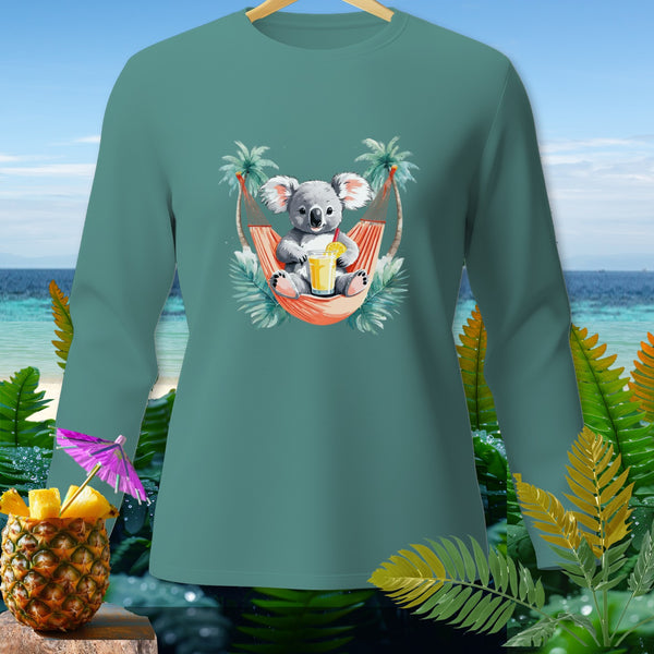 Teal long-sleeve shirt with a graphic of a koala in a hammock holding a drink.