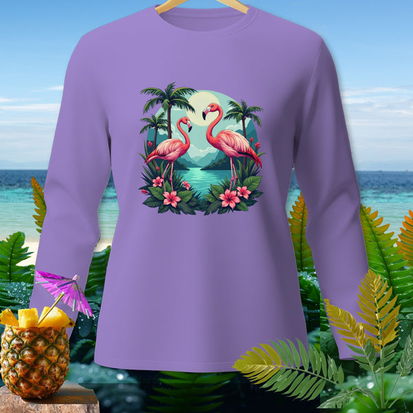 Purple long-sleeve shirt featuring a tropical scene with two flamingos, palm trees, and flowers.